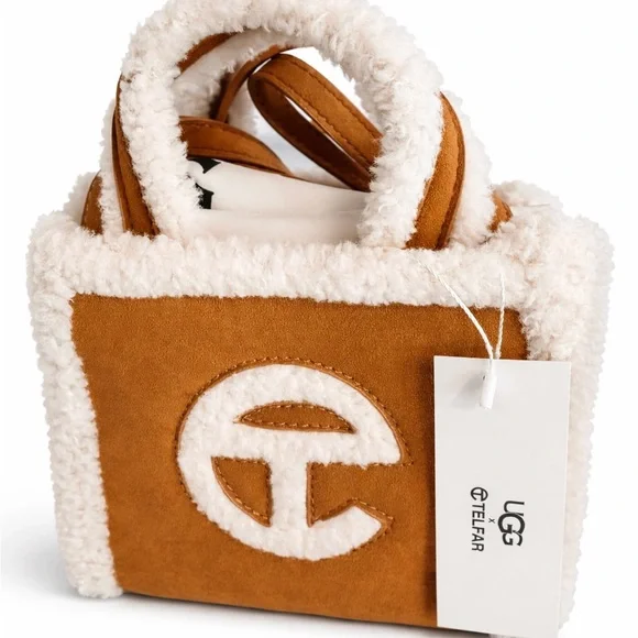 Telfar Suede Mini Tote with Cream Shearling Trim - Chestnut - Picture 1 of 1